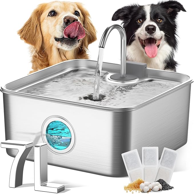 FUKUMARU Dog Water Fountain, 1.8 Gal/236oz/7L Water Tank Ultra Quiet Pump (28.5dB) & 4-Stage Filter System Stainless Steel Kitty Water Fountains for Multi-Cat/Dog Homes, with 3 Filters