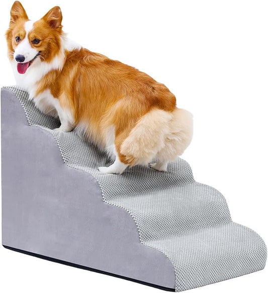 Makigued Dog Stairs for Small Dogs and Cats, 23" H 5 Steps Pet Steps Ramp for High Bed, Couch, Sofa, Waterproof Pet Stairs with Removable Washable Cover, Non-Slip Bottom, Light Gray