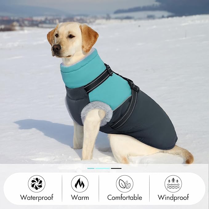 Warm Dog Coat with Harness - Waterproof, Windproof, Fleece Lined Puffer Jacket for Large Dogs - Snow Jacket for Winter
