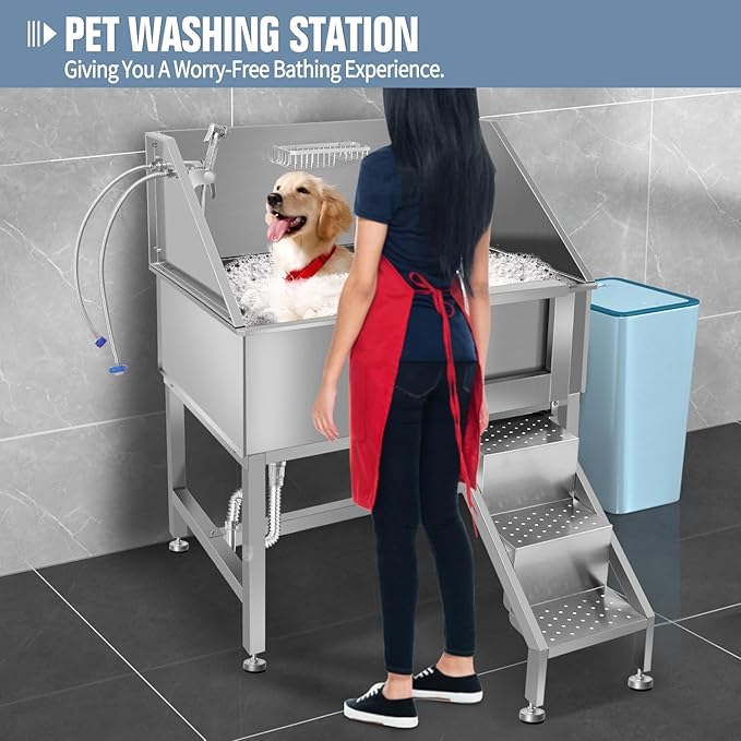 38" Dog Washing Station, Professional Stainless Steel Dog Bathing Station, Equipped with Anti-Slip Ramp, Removable Door, Upgraded Spray Nozzle&Hose - Ideal for Home, Pet Grooming Salon,R-RAMP