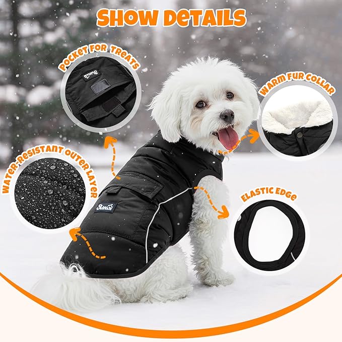 SlowTon Dog Coat - Warm Dog Winter Coat Waterproof, Reflective Winter Jacket with Pocket, Puppy Fleece Vest Pet Apparel Cold Weather Clothes for Small Medium Large Dogs Boy Girl (Black, S)