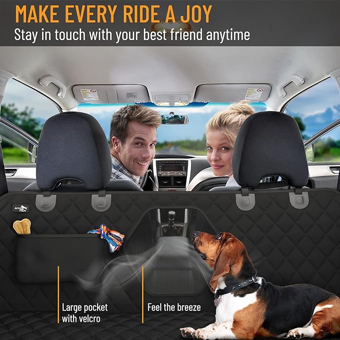 Active Pets Dog Car Seat Cover for Back Seat, Waterproof Pet Protection Hammock, SUV Truck Car Backseat Protector with Safety Features, Black
