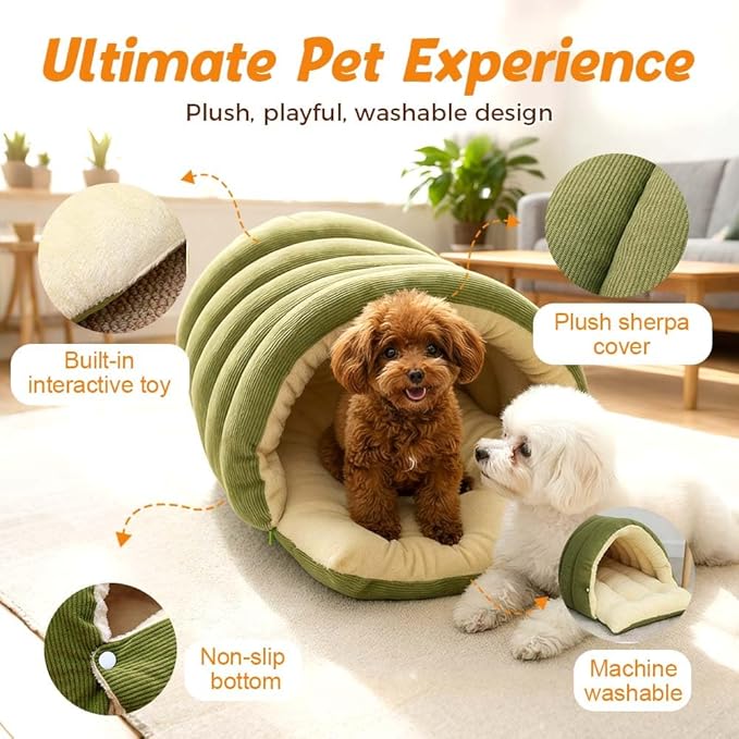 Cat Dog Cave Bed, 2026 New Winter Cave for Dog and Cat, Warm Plush Covered Cat House with Removable Cushion, Soft Sleeping Bed for Indoor Cats (Beige, Large)