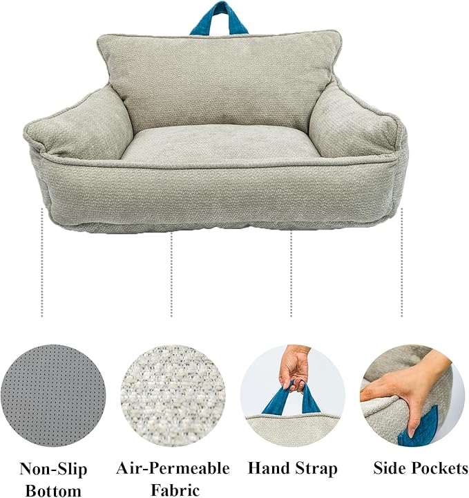 Large Orthopedic Dog Sofa Bed with Sides, Carry Handle & Side Pockets .Plush Chenille Orthopedic Pet Bed Couch for Large Dogs.Portable Snuggler for Indoor Use, Travel & Recovery (Light Grey)
