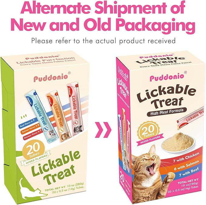 Puddonio High-Meat Lickable Cat Treats, Grain & Gum Free, No Additives, All-Natural High Protein Puree, 0.5oz Tubes (Pack of 20)