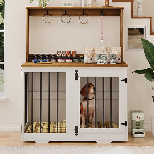 Dog Crate Furniture, Wooden Dog Crates for Small Dogs, Dog Kennel Indoor with Storage Shelf, 4 Hooks, Heavy Duty Dog Crate for Small/Medium Dogs, White