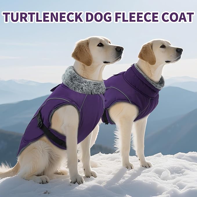 DENTRUN Winter Warm Dog Coat Reflective Jacket with Turtleneck for Cold Weather, Adjustable Buckle Windproof Water Repellent, Thick Snowsuit Fleece Vest for Small, Medium, Large Dogs, Purple, L