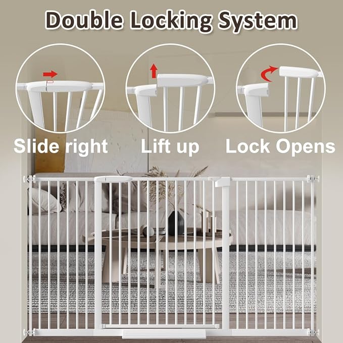 WAOWAO 1.37" Ultra Narrow Spacing Extra Wide Baby Gate 61.61-65.55" Pressure Mounted Walk Through Double Lock Swing Auto Close Safety White Metal Toddler Child Dog Pet for Indoor,Doorway,Kitchen