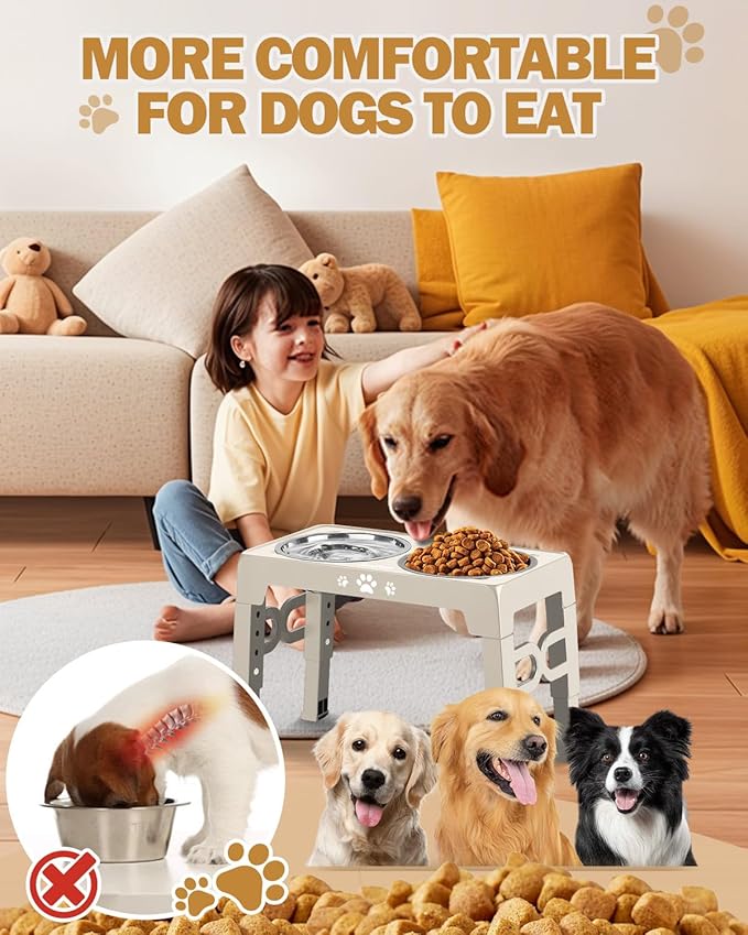 Elevated Dog Bowls, Dog Feeder with Stainless Steel Dishes & Slow Feeder Bowl, 5 Heights Adjustable Raised Stand for Medium Large, Food Dishes with Non-Slip Feet