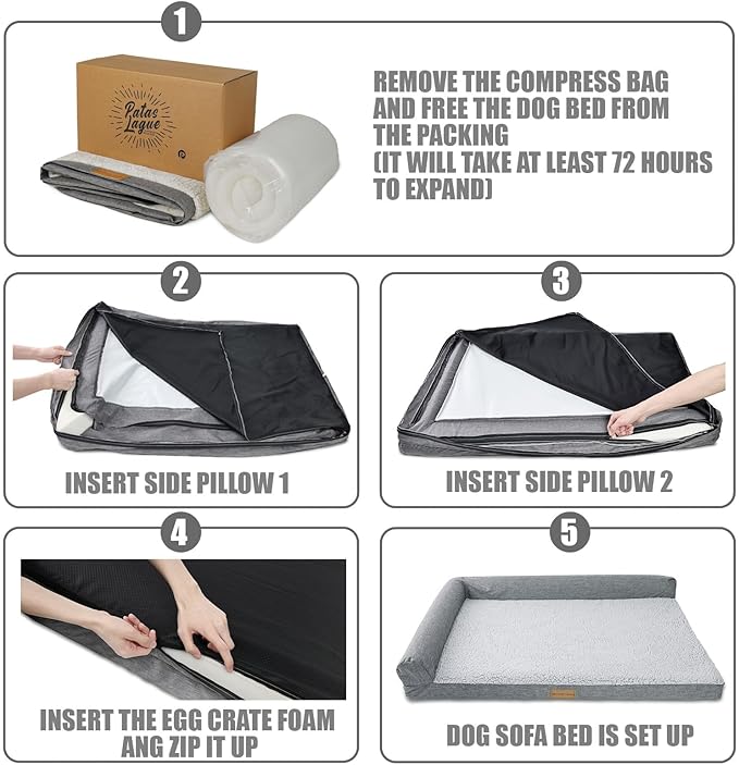 Patas Lague Orthopedic Jumbo Dog Bed for Extra Large Dogs 56''X40'', Waterproof L Bolster Pet Sofa Beds with Removable Washable Cover, Soft Comfortable Pet Couch Crate Mat with Nonskid Bottom, Purple
