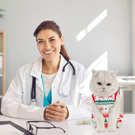Avont Cat Recovery Suit - Kitten Onesie for Cats After Surgery, Cone of Shame Alternative Surgical Spay Suit for Female Cat, Post-Surgery or Skin Diseases Protection -Christmas(S)