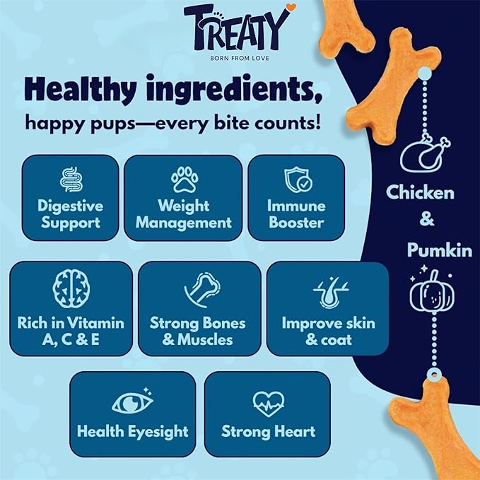 Treaty Healthy Pumpkin Puree Chicken Dog Treats Baked Bone Shape All Natural Grain Free Human Grade Ingredients 16oz