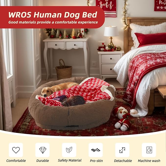 Human Dog Bed: 71''x45''x12'' Size, Washable Faux Fur, Orthopedic - Brown