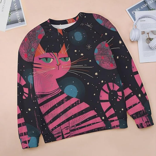 Biacolum Long Sleeve Shirts for Women Mid Century Retro Style Atomic Cat 3D Graphic Sweatshirts Fall Crewneck Pullover Top