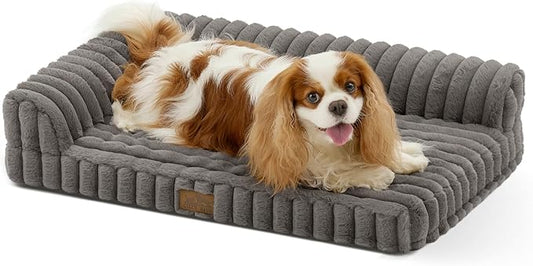 Cute Dog Bed, Faux Fur Orthopedic Foam Dog Bed with Sides, Removable Washable Cover & Waterproof Lining, Comfortable Pet Couch for Small Dogs, Grey (30" L x 20" W x 6" Th)