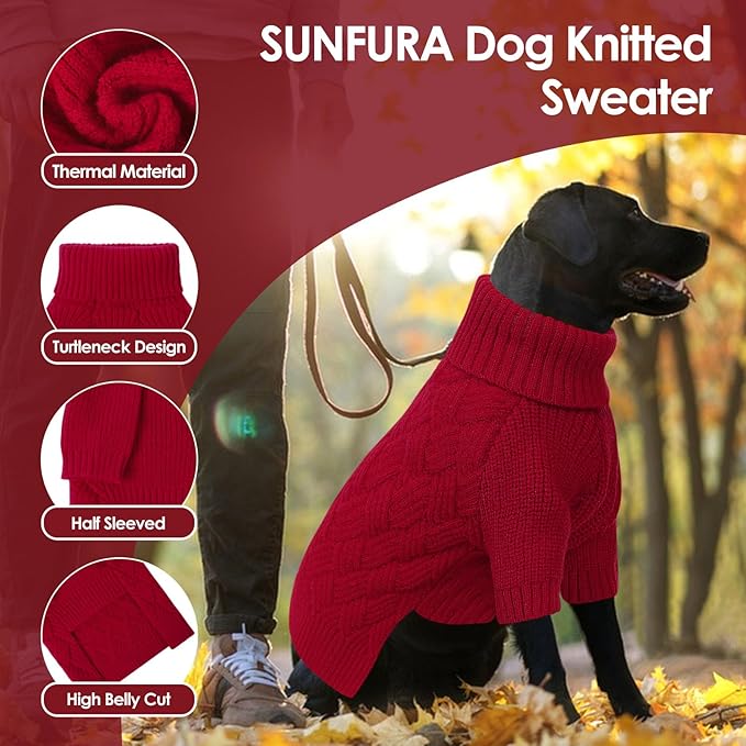 SUNFURA Dog Sweater, Medium Dog Sweaters Doggie Pullover for Fall Winter, Fleece Pet Christmas Sweaters for Holiday, Warm Turtleneck Knitwear for French Bulldog, Boston Terrier, Red M
