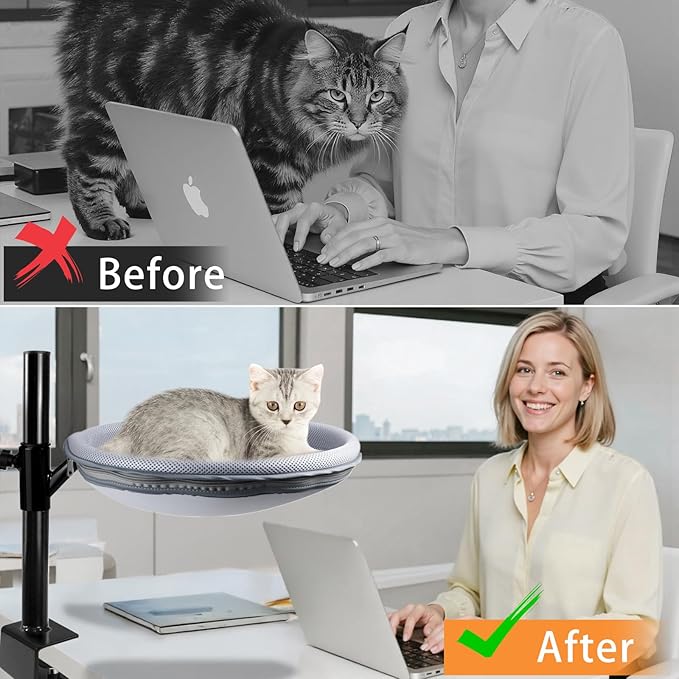 Large Cat Desk Bed x2, 360°Rotating & Adjustable Shelf, 15" Thickening Cat Bed for Desk with 2 Perch Holds 66lbs, Suitable for Various Desktops for 2 Cats