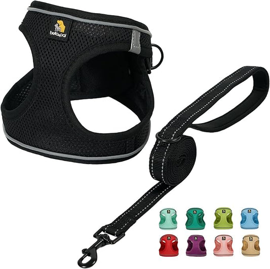 BELLA & PAL Step in Vest Harness for Small and Medium Dogs, No Pull Small Dog Harness with Leash Set, Comfortable Air Mesh Dog Vest Harness with Reflective Strip (Deep Black, L)