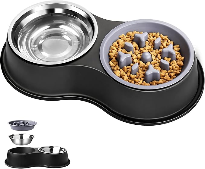 Dog Bowls Double Dog Water and Food Bowls Stainless Steel Bowls with Non-Slip Resin Station, Pet Feeder Bowls for Puppy Medium Dogs Cats