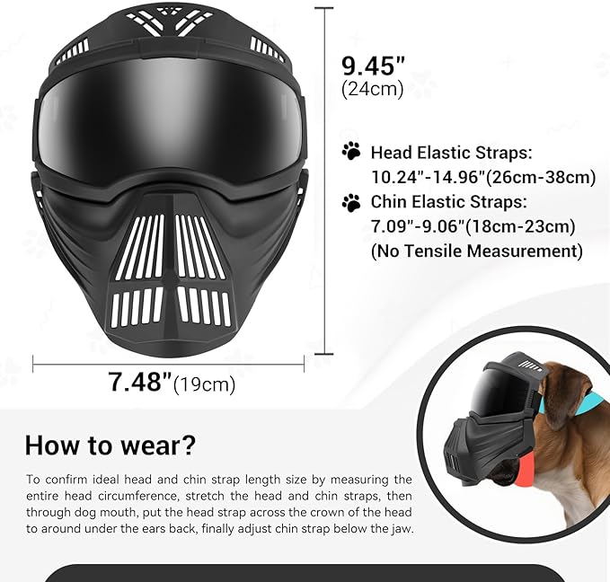PETLESO Dog Goggles Large Breed, Anti-UV Dog Sunglasses for Full Face Protection, Pet Mask with Breathable Holes for Outdoor Camping Hiking Hunting, Adjustable, Black