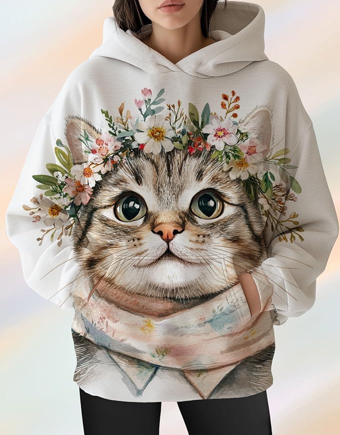 Womens Cat Print Hoodies Trendy Funny Cat Graphic Long Sleeve Sweatshirt Y2k Streetwear Hooded Pullover Tops