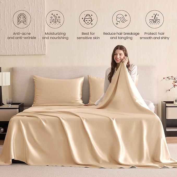 THXSILK Silk Sheet Set 4Pcs, 6A+ Top Grade 100% Pure Mulberry Silk Bed Sheets Ultra Soft Durable Luxury Bedding Sets, 1 Fitted Sheet, 1 Flat Sheet and 2 Pillowcases (Twin-XL, Champagne)