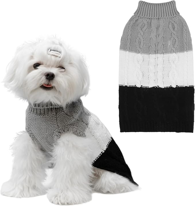 EXPAWLORER Dog Sweater with Leash Hole - Large Dogs Fall Sweaters for Girls Boys,Classic Turtleneck Knitwear Dog Clothes for Cold Weather, Cable Knit Dogs Outfit,Coat,Pet Apparel(Black&Grey,L)