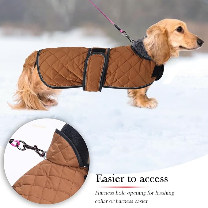 Warm Thermal Quilted Dachshund Coat,Dog Winter Coat with Warm Fleece Lining,Outdoor Dog Apparel with Adjustable Bands for Medium,Large Dog-Brown-M