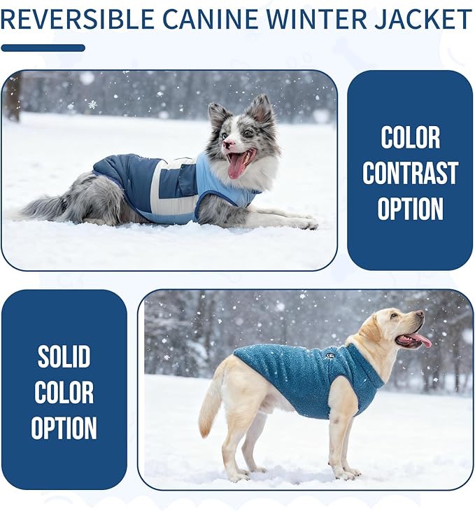 Reversible Dog Winter Coat, Waterproof Warm Fleece Sweater Windproof Lightweight Pet Snow Jacket for Medium Large Dogs with Double Ended Zipper, Cold Weather Dog Coat,Blue,XL