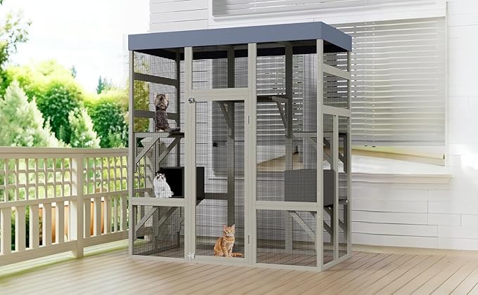 70-Inch Large Catio Enclosure, with Weatherproof Roof, UV-Protected, Wooden Frame and Rust-Resistant Steel Mesh, Cat House with 2 Lounging Boxes and Platforms, for Patio or Backyard