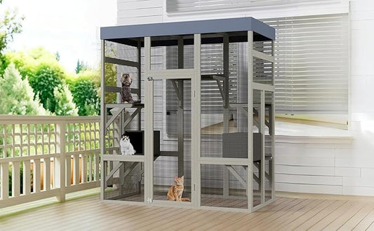 70-Inch Large Catio Enclosure, with Weatherproof Roof, UV-Protected, Wooden Frame and Rust-Resistant Steel Mesh, Cat House with 2 Lounging Boxes and Platforms, for Patio or Backyard