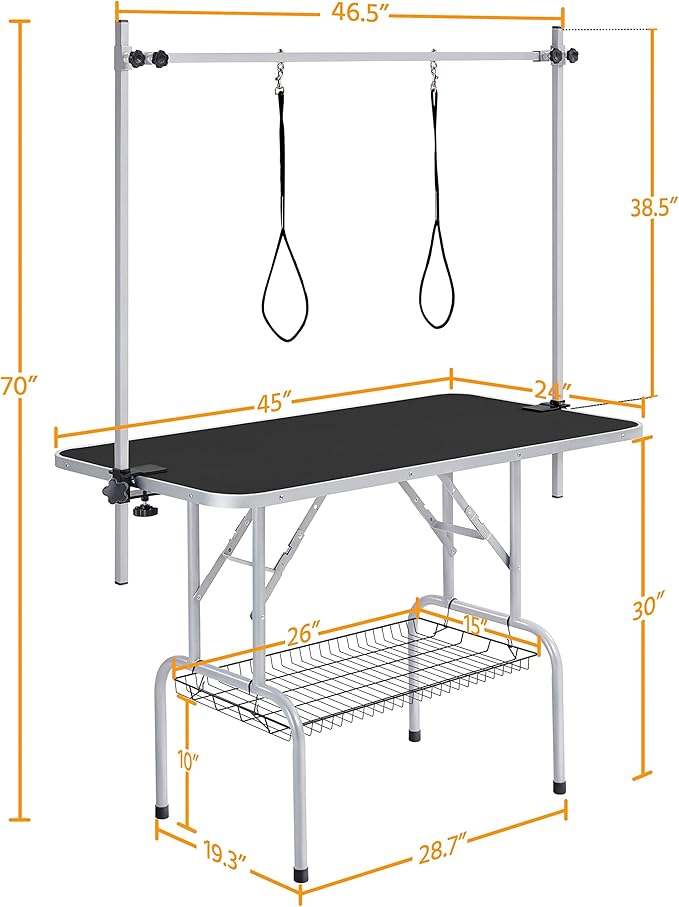 Yaheetech 46'' Pet Grooming Table for Large Dogs Adjustable Height Portable Trimming Table Drying Table w/Arm/Noose/Mesh Tray Maximum Capacity Up to 265Lb, Black