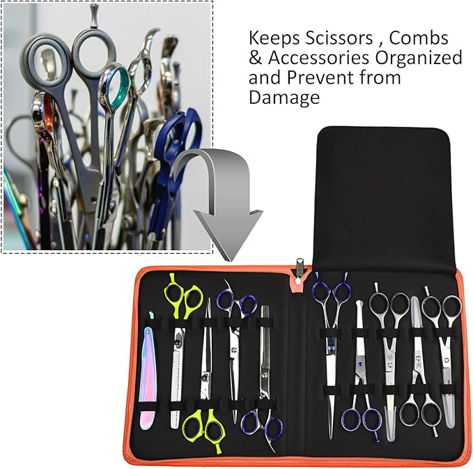 Leather Shears Case, Scissor Case, Shear Holder Holds 10 Grooming or Beauty Shears (Orange)