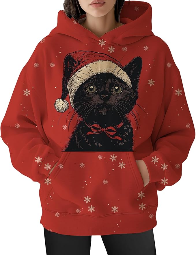 Womens Cat Print Hoodies Trendy Funny Cat Graphic Long Sleeve Sweatshirt Y2k Streetwear Hooded Pullover Tops