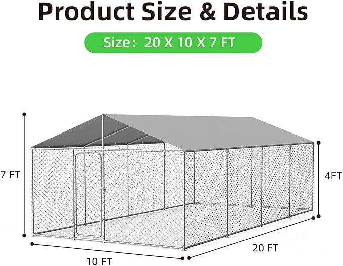 Outdoor Dog Kennel Outside with Metal Large Dog Gate, Outdoor Dog Pens with Roof, Heavy Duty Dog Kennel for Backyard Farm Use (240x120x84IN)