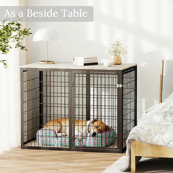 48" Dog Crate Furniture for Medium Large Dogs, Indestructible Large Dog Kennel Indoor with 3 Doors, Wooden Dog Cage Side End Table, Heavy Duty XL Dog Crate, Gray
