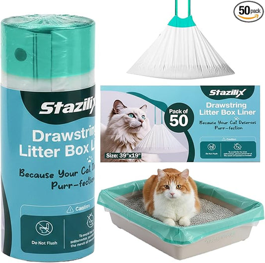 50 Count Large 36x19 Cat Litter Liners for Litter Box – Cat Litter Liners - Leak Proof & Tear Resistance - Heavy Duty Drawstring Design for Easy & Mess-Free Cleaning