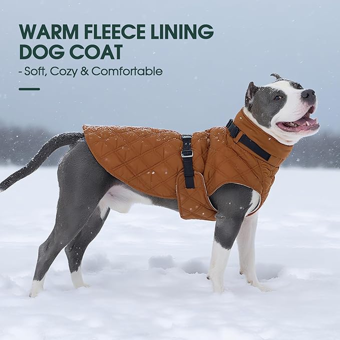 Kuoser Dog Coat Warm Fleece Lining Turtleneck Dog Jacket with Harness Built-in, Windproof Cold Weather Coats with Quick Release Buckle Pet Winter Snowsuit for Extra Large Dogs Great Dane, Khaki 3XL