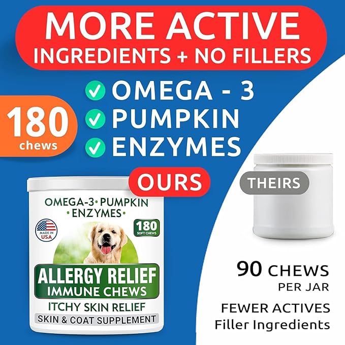 BARK&SPARK Dog Allergy Relief Chews (180 Immune Treats) - Anti-Itch Skin & Coat Supplement - Omega 3 Fish Oil - Dry & Itchy Skin Relief Treatment Pills - Itching, Paw Licking & Hot Spots