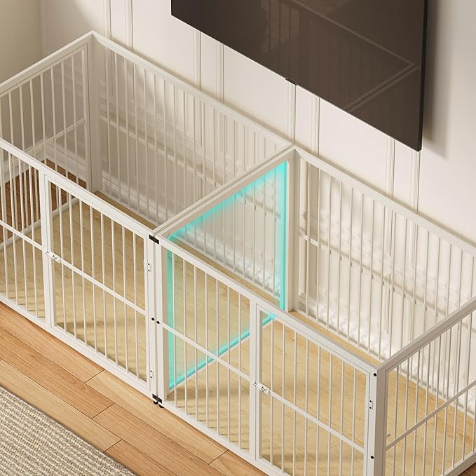 Lyromix 86.62'' Dog Crate Furniture Large Breed TV Stand with Double Rooms for 2 Large Medium Dogs, Wooden Indoor Kennel Crate Cage End Table with Removable Divider, Can Use Separately, Natural Beech