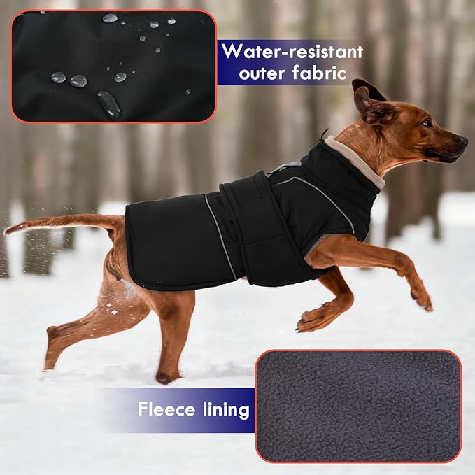Black Dog Coat Waterproof Dog Coats for Large Dogs Warm Pets Clothes for Cold Weather Windproof Jacket with Fleece Lined Thick Winter Puffer Coat Soft Pet Sweater with Leash Hole