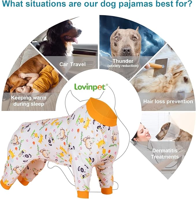 LovinPet Boxer Pajamas - Pet Anxiety Relief Shirt, Dog Pajamas, UV Protection Comfy Stretchy Fabric, White Animal Print, Large Dog Pjs, Pitbull Clothes, Surgical Recovery Shirt, Orange XL
