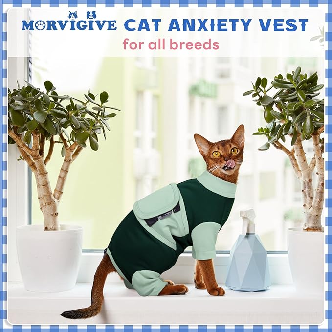 Anxiety Relief Cat Clothes with Zipper, Adjustable Calming Suit, Cat Apparel for Fireworks, Separation, Thunderstorms, Loud Noises, Comfortable Wrap to Reduce Anxiety, Green X-Large