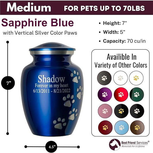 Pet Urn for Dogs and Cats with Personalized Laser Engraving, Ottillie Paws Premier Series Memorial Urns (Medium Sapphire Blue with Vertical Pewter Paws)