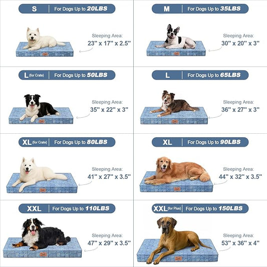 Outdoor Dog Bed for Medium Dogs, Waterproof Dog Crate Mat Orthopedic Egg Crate Foam Pet Bed with Washable Removable Oxford Cover, White Blue