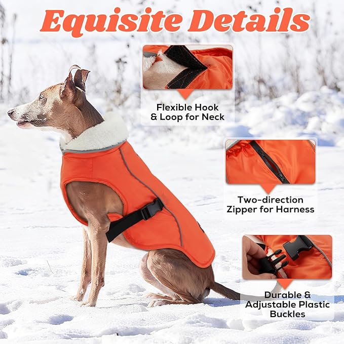 EMUST Dog Coat for Winter, Cozy Winter Jackets for Small/Medium/Large Dogs, Solid Color Dog Apparel for Cold Weather with Fleece Lining, Orange, XXXL