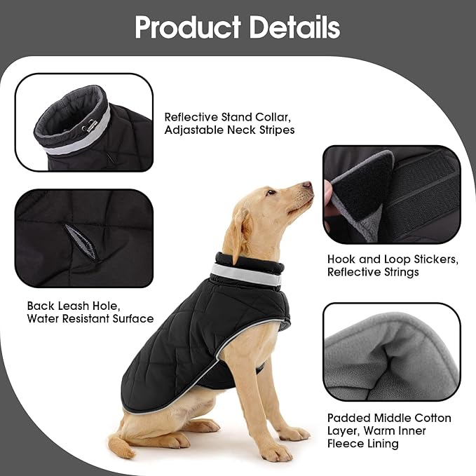 Dog Winter Coat Warm Padded Puppy Jacket Windproof Water Resistant Clothes for Small Medium Large Pets Christmas Sweater Outfit Vest(Black, L)