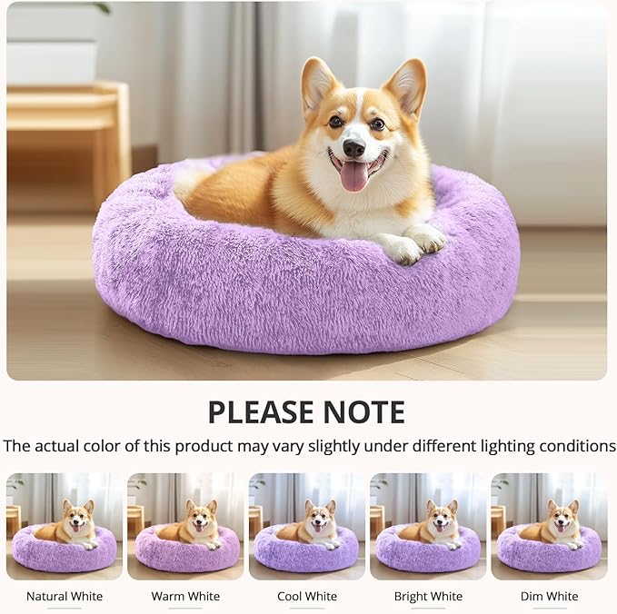 JOLLYVOGUE Small Dog & Cat Beds for Indoor Cats, Donut Cuddler Warming Soft Dog Beds with Anti-Slip Bottom, Round Calming Fluffy Plush Faux Fur Cushion Bed for Small Dogs (23", Purple)