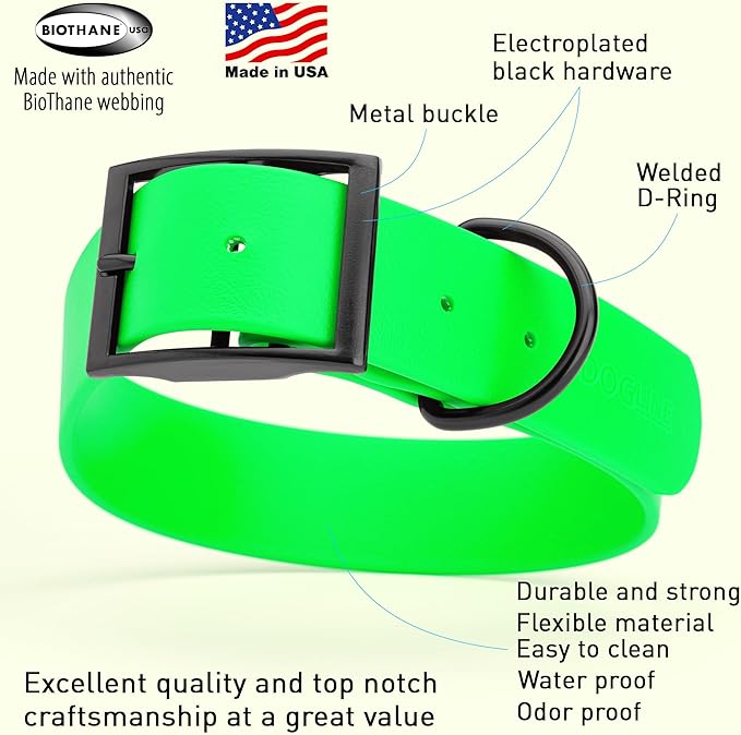 Dogline Biothane Coated Webbing Dog Collar with Black Metal Hardware: Durable Easy-Clean Everyday Collar for Dogs - Comfortable Adjustable Odor-Resistant Pet Collar, W1.5 x L16-20", Tropical Green