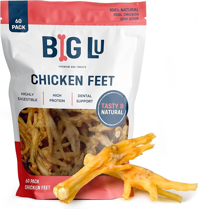 Big Lu – Nail-Free Chicken Feet Dog Chews, 100% Natural Single-Ingredient Treats, Rawhide-Free, Long-Lasting, Rich in Glucosamine and Chondroitin for Joint Health (60 Count)